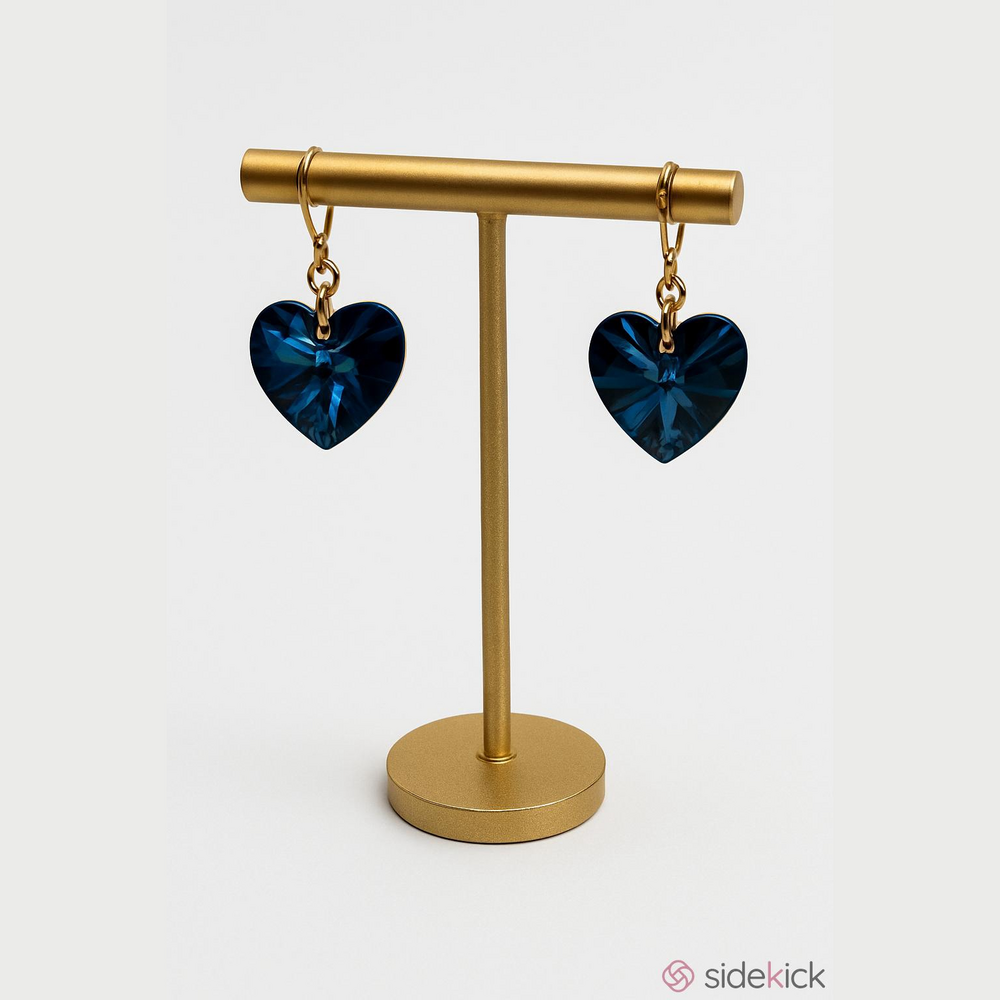 Gold Blue Crystal Heart Drop Earrings